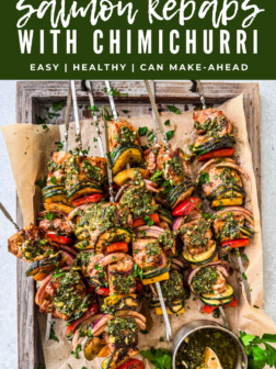 Salmon kebabs with chimichurri.