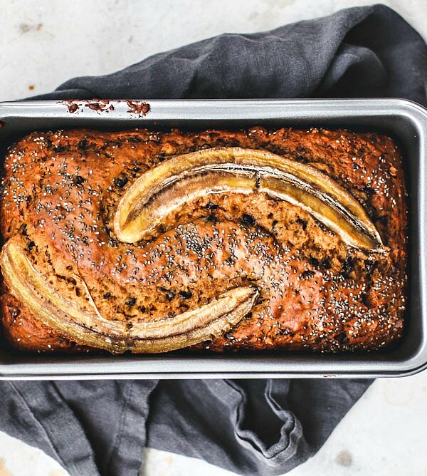 Rustic banana bread in bread pan.