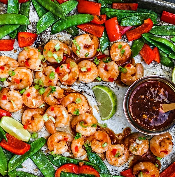 Sheet pan of Spicy Thai Sweet Chili Shrimp and vegetables.