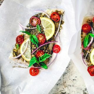 Baked Flounder in Parchment Paper with Tomatoes and Pesto | Killing Thyme