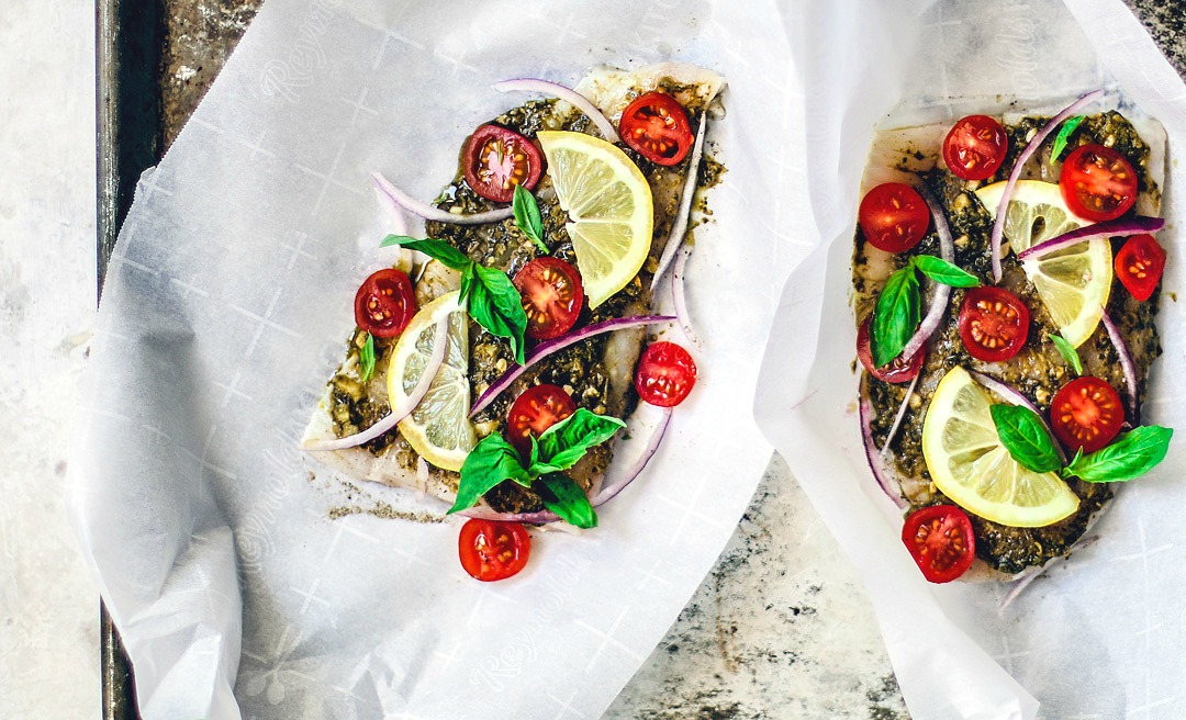 Baked Flounder in Parchment Paper with Tomatoes and Pesto