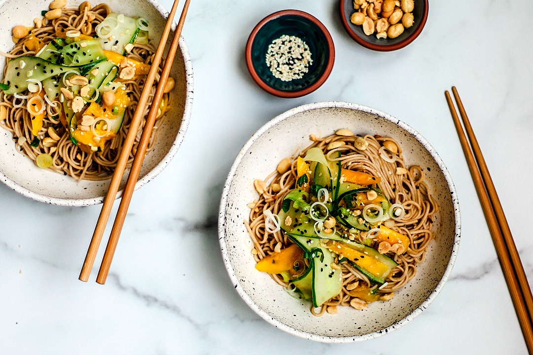 Cold Sesame Noodles with Shaved Cucumber and Mango Salad - Killing Thyme