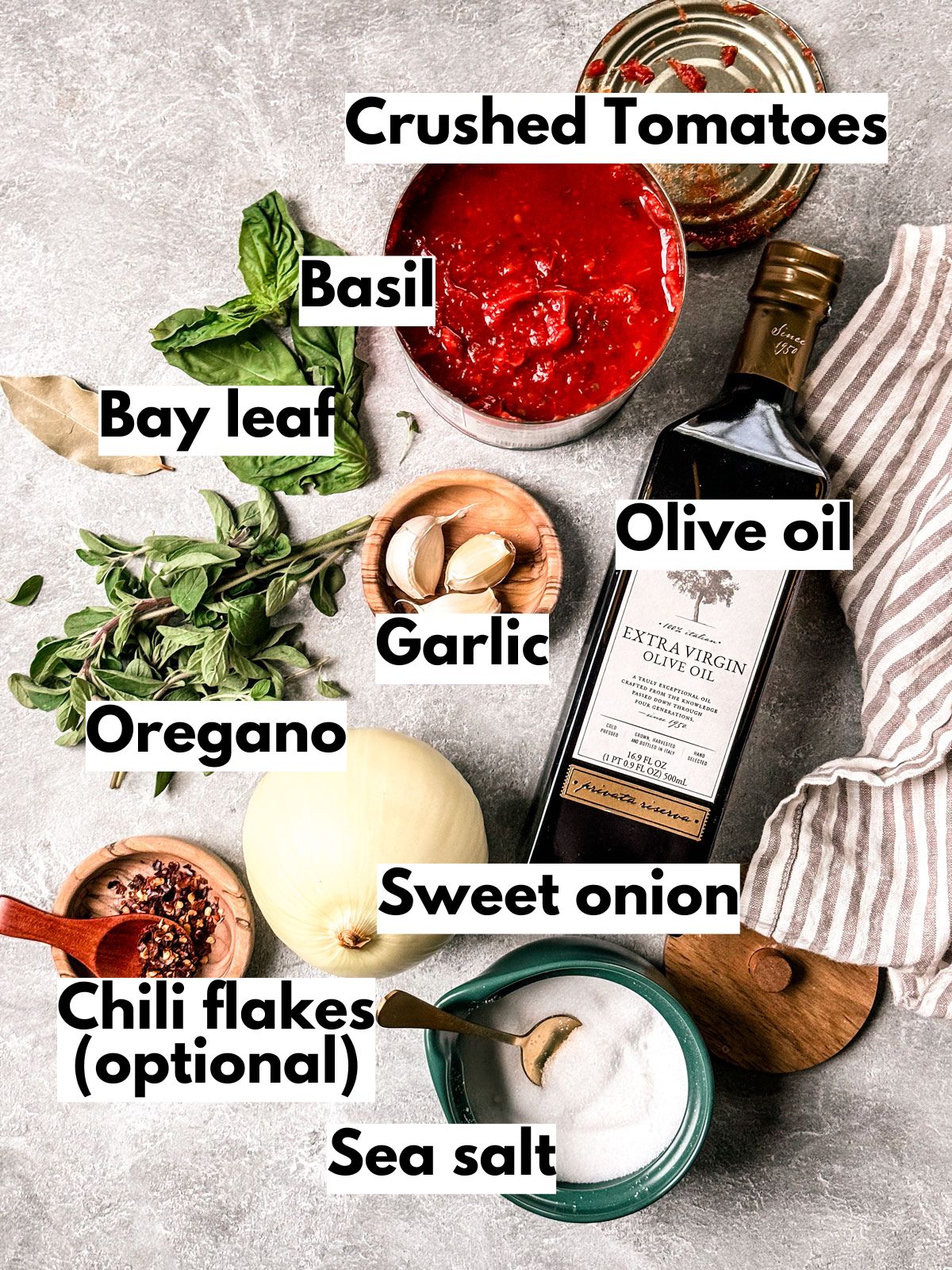 Ingredients for easy marinara sauce recipe.