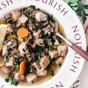 Turkey and wild rice soup in a bowl.