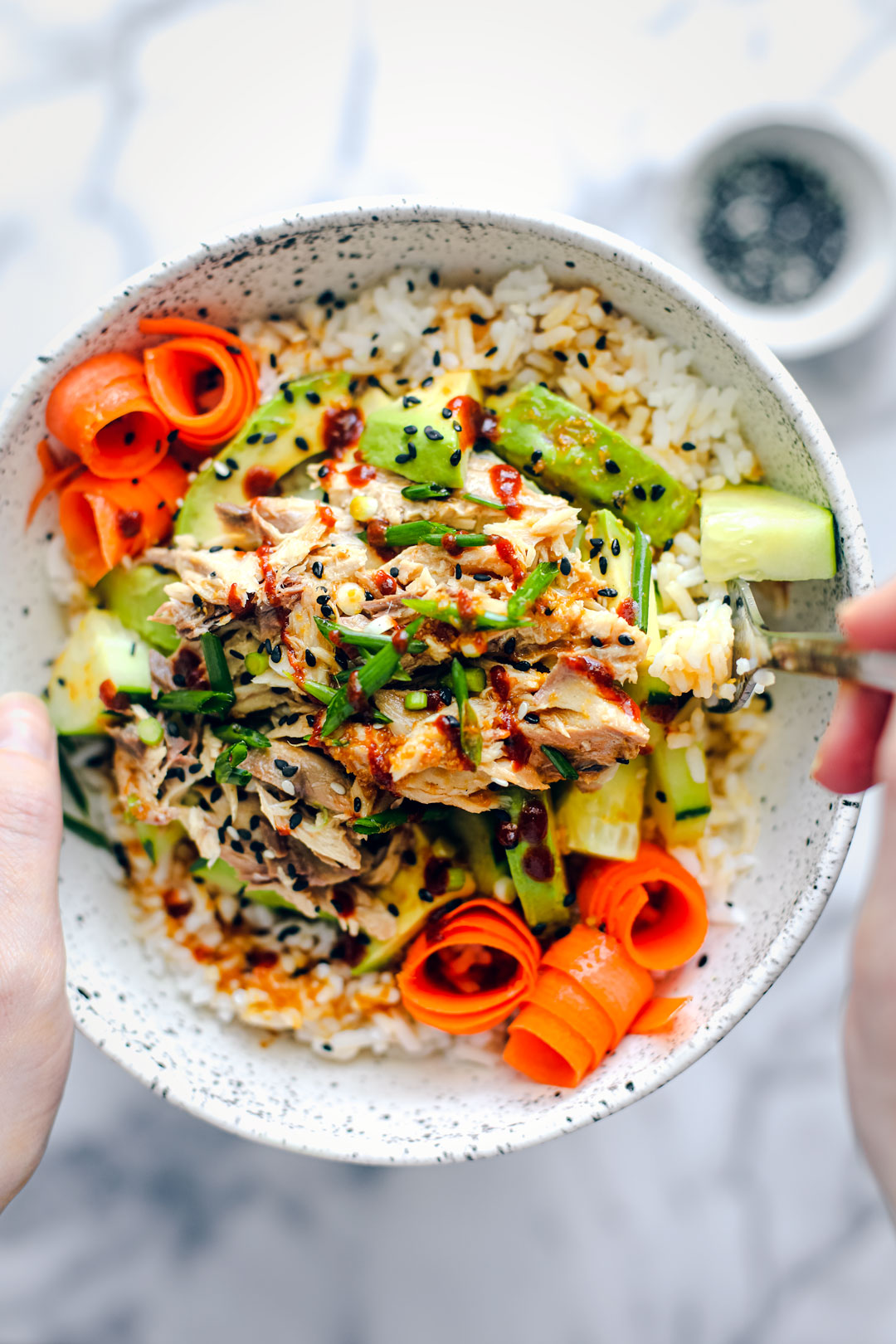 Bowl of sesame ginger mackerel and rice.