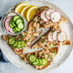 Overhead shot of plate with fancy toasts.