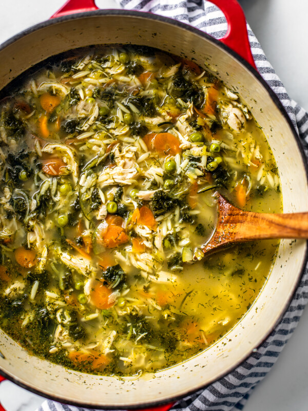 Overhead shot of red cast iron pot filled with lemon chicken orzo soup.