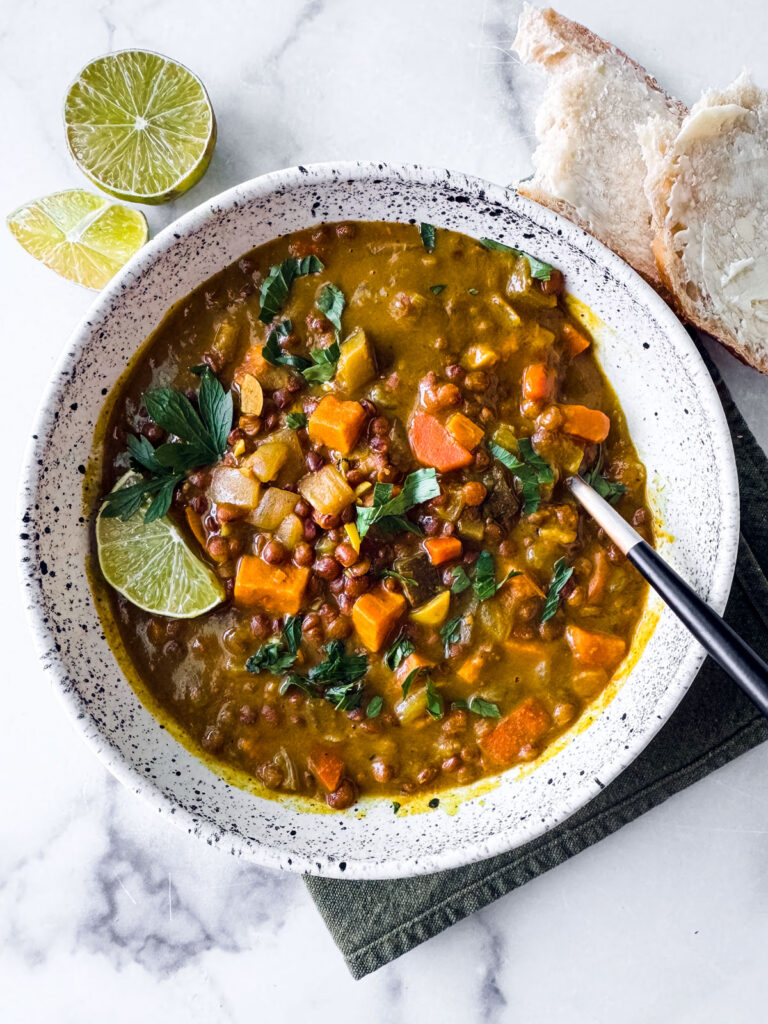 Bowl of instant pot lentil soup.