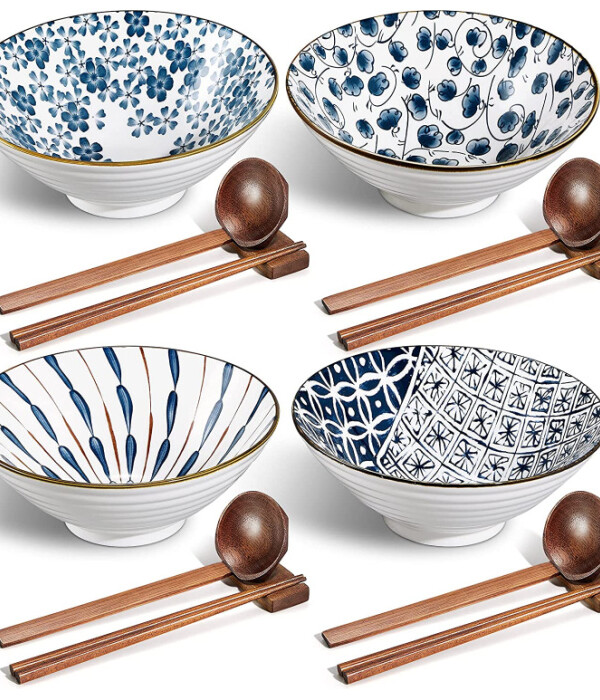 Ceramic Ramen Bowl, 40 oz Japanese Large Noodle Bowls with Spoons, Chopsticks and Chopsticks Stand