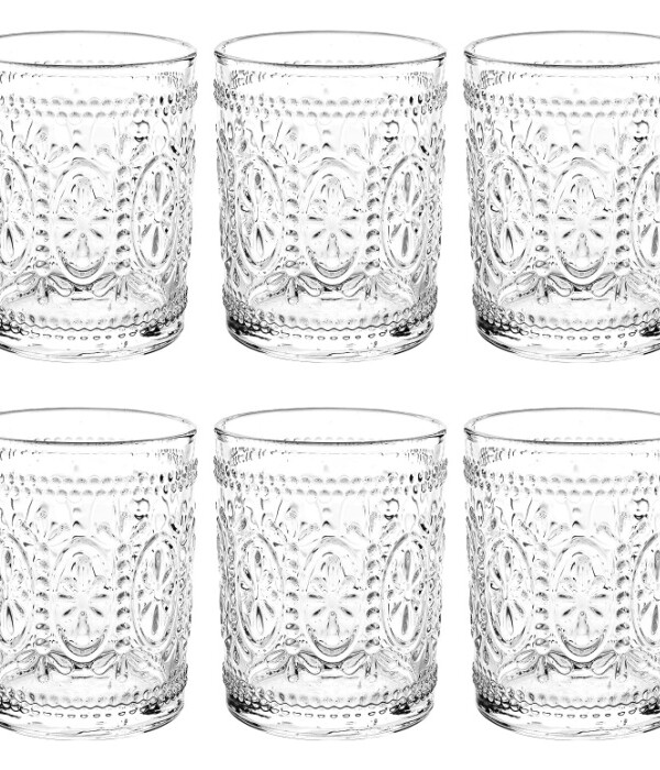 Bekith 6 Pack Drinking Glasses, 9.5 oz Romantic Water Glasses Tumblers, Heavy Duty Vintage Glassware