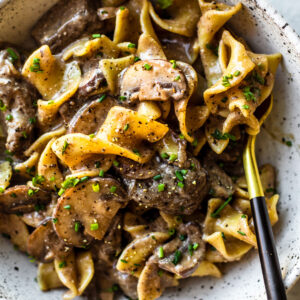 Bowl of beef stroganoff.