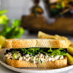 Close up of a tuna sandwich with lettuce on white kitchen counter.