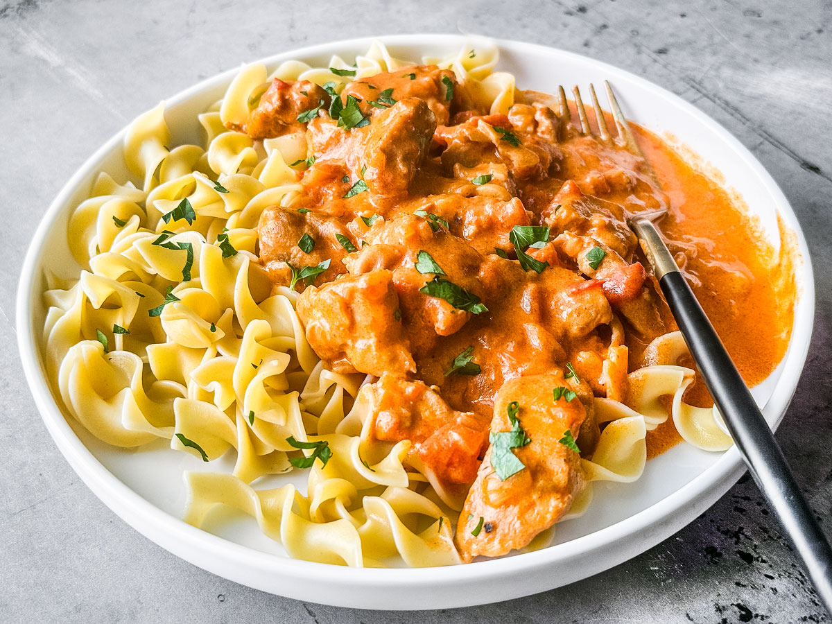 Plate of chicken paprikash served over egg noodles.