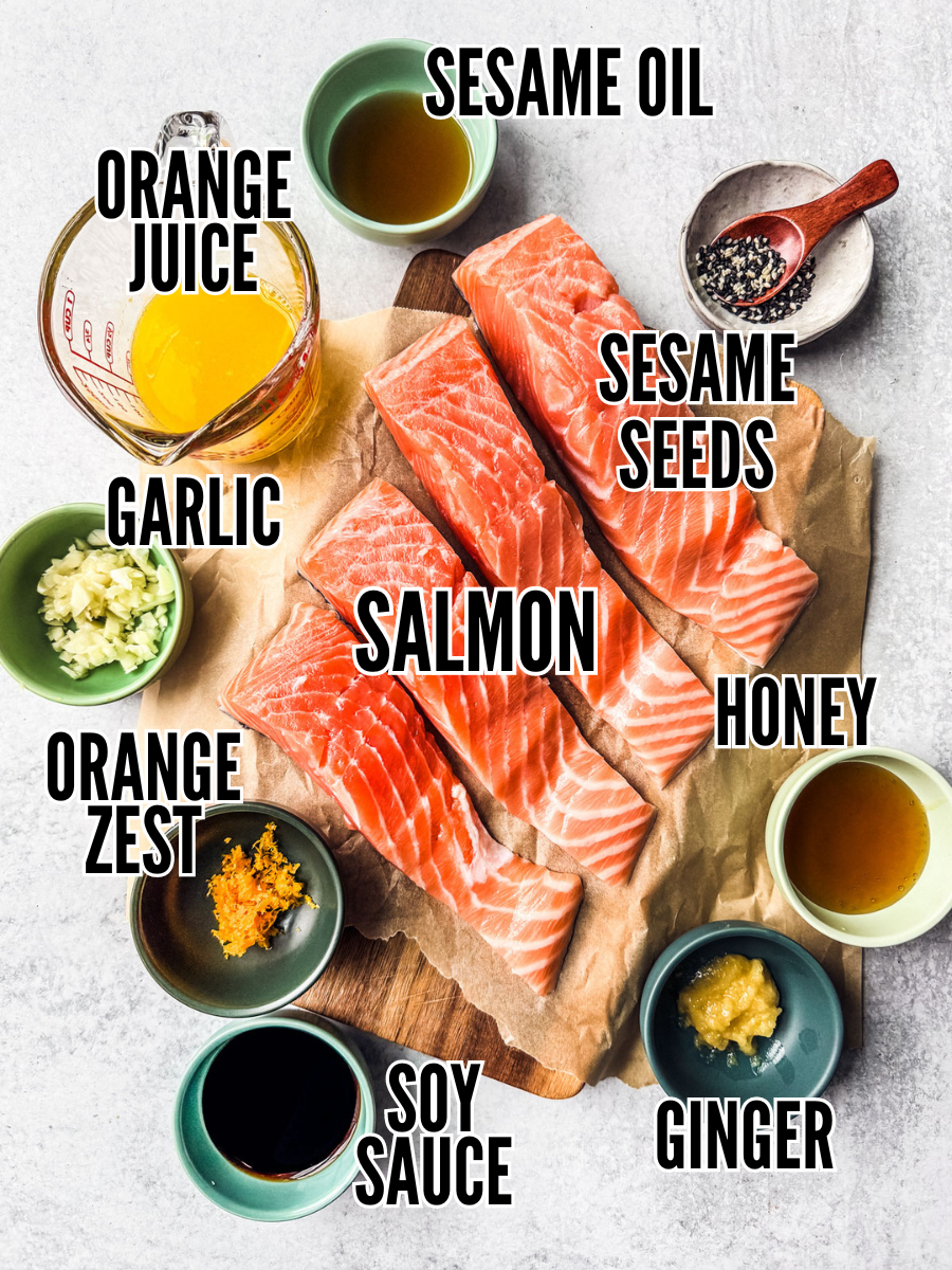 Ingredients for air fryer salmon and orange honey glaze on a white countertop.