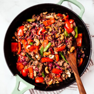 Pan of ground turkey stir fry.