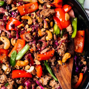 Pan of ground turkey stir fry