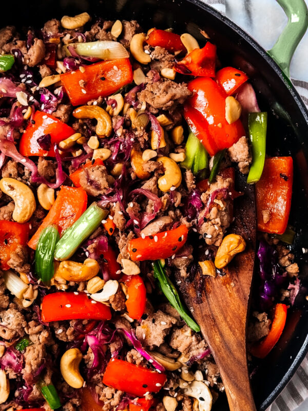 Pan of ground turkey stir fry