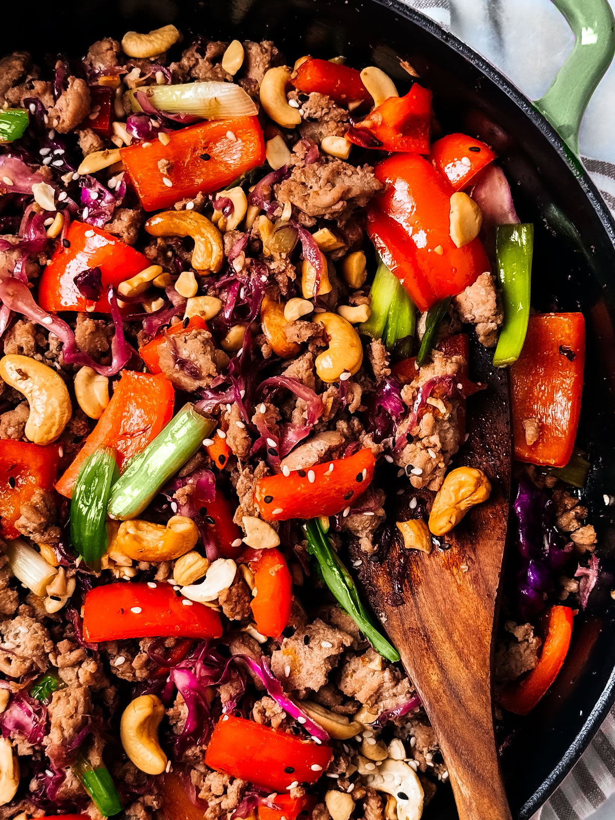 Pan of ground turkey stir fry with cabbage.