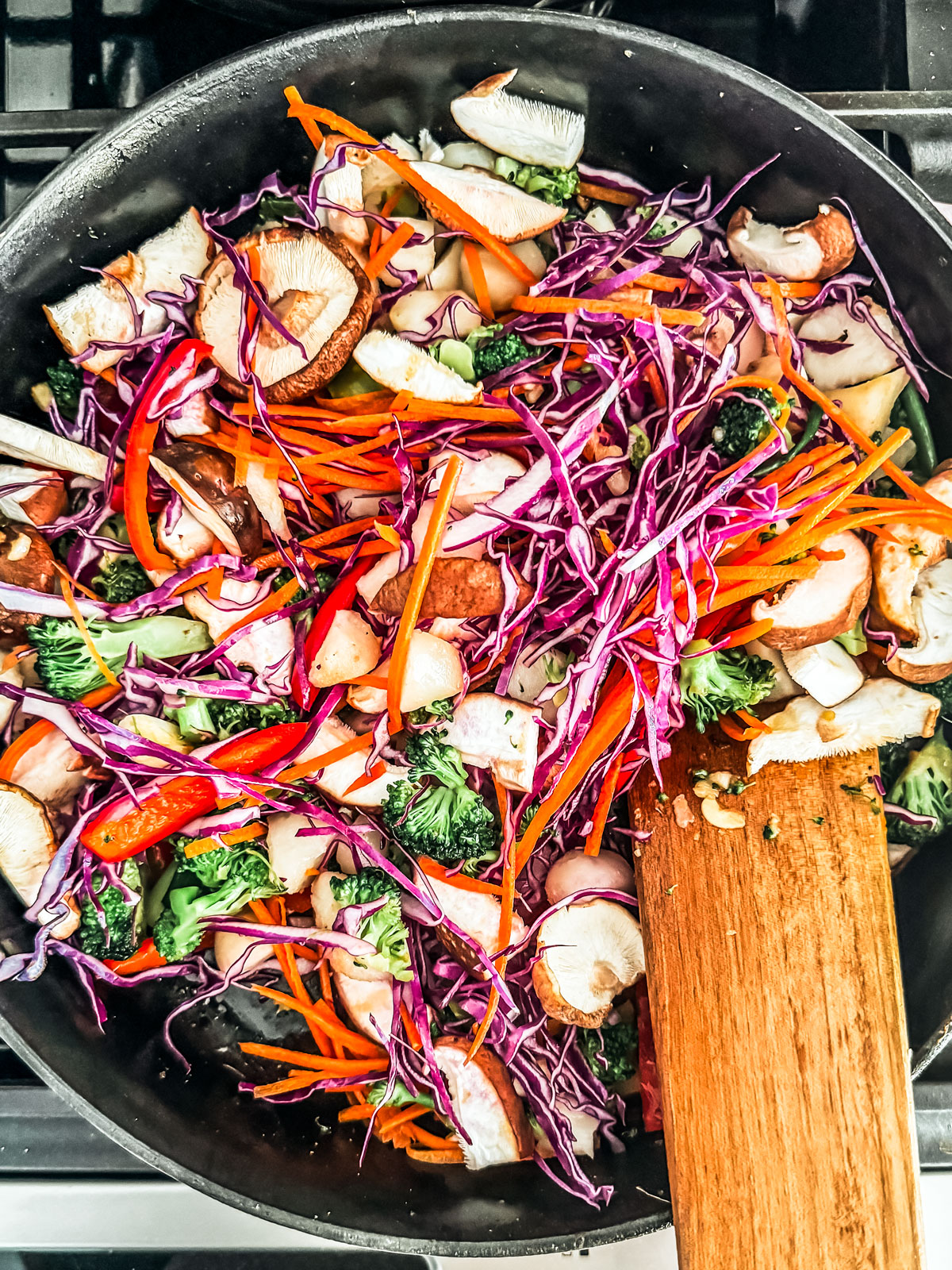 Stir fried veggies mixed and cooked down.