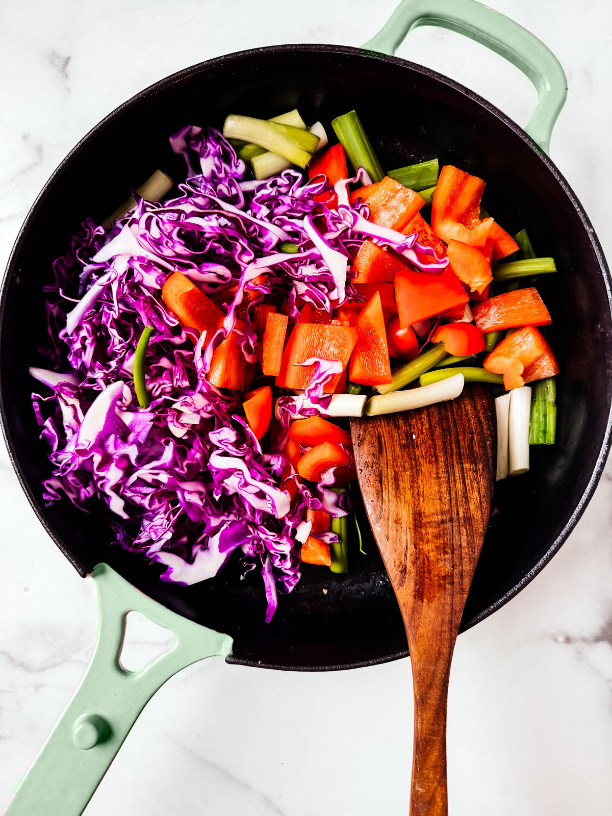 Bright vegetables in a skillet.