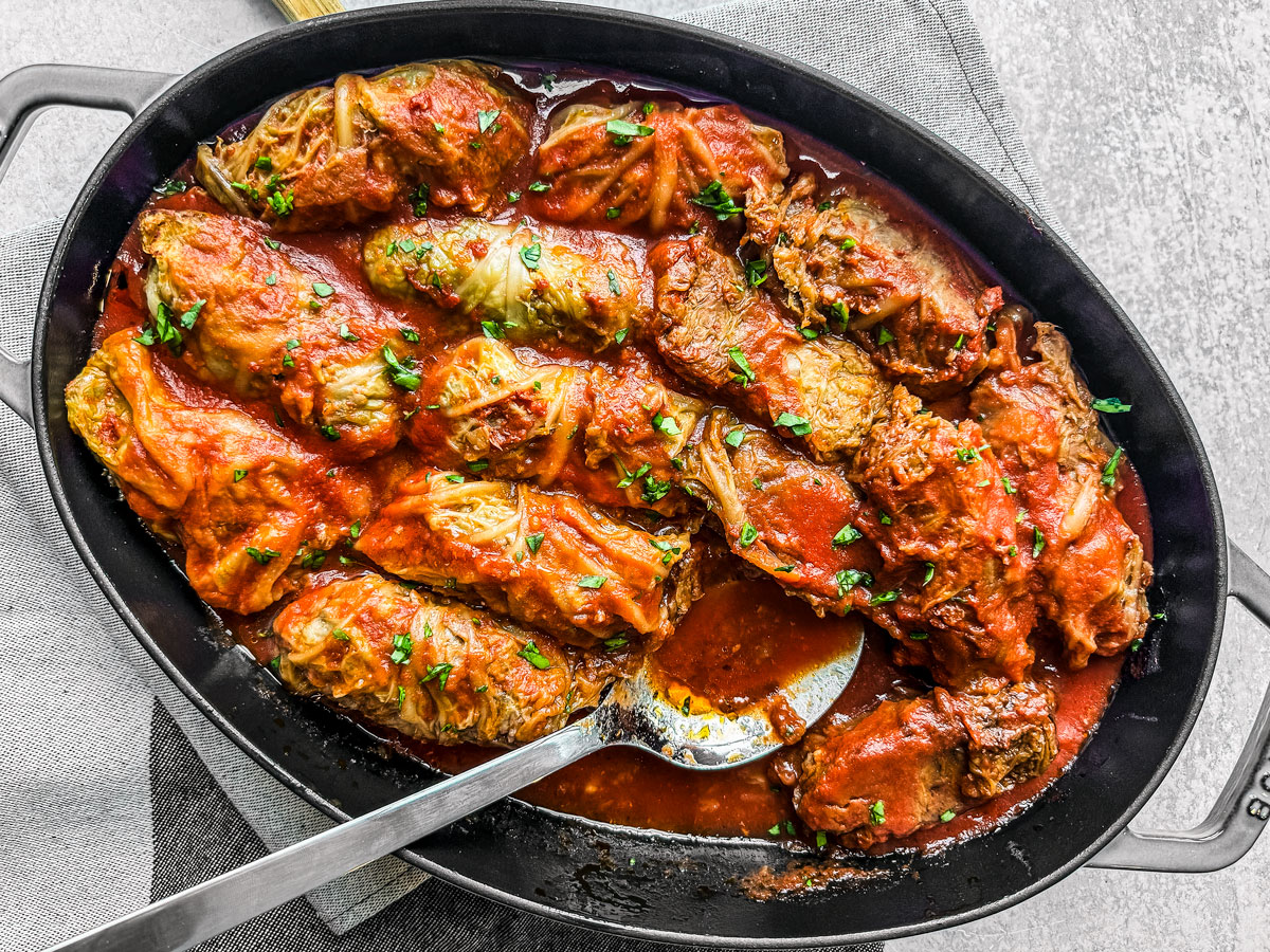 Baking tray of cabbage rolls.