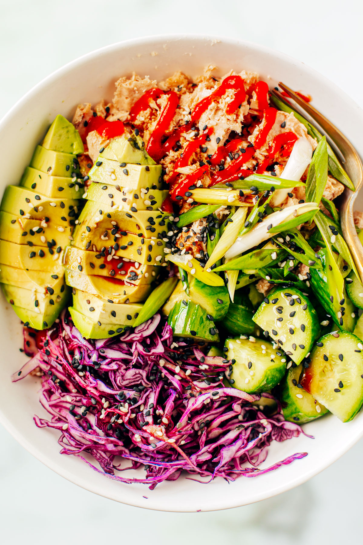 Close up of tuna protein bowl.