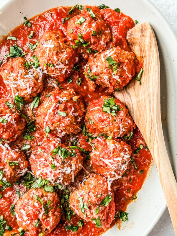 Saucy meatballs in a serving dish.