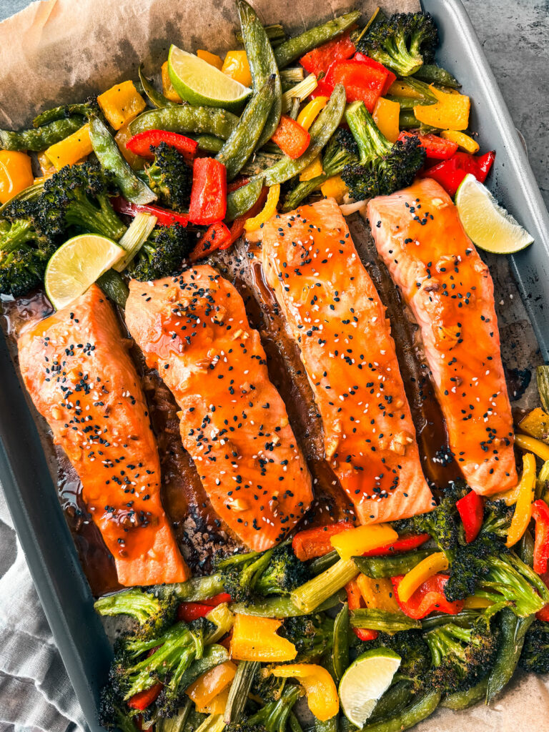 Teriyaki salmon with veggies on a sheet pan.