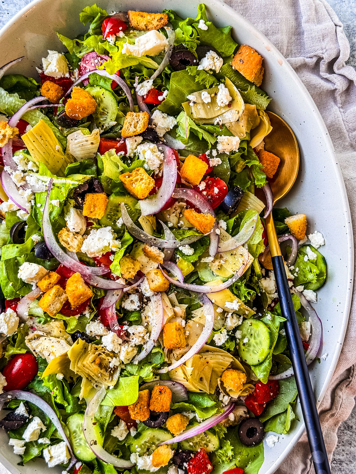 Greek salad in a serving bowl.