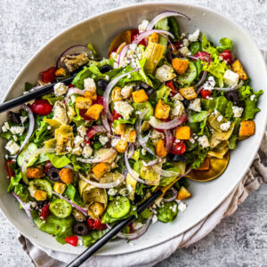 Greek salad in a serving bowl.