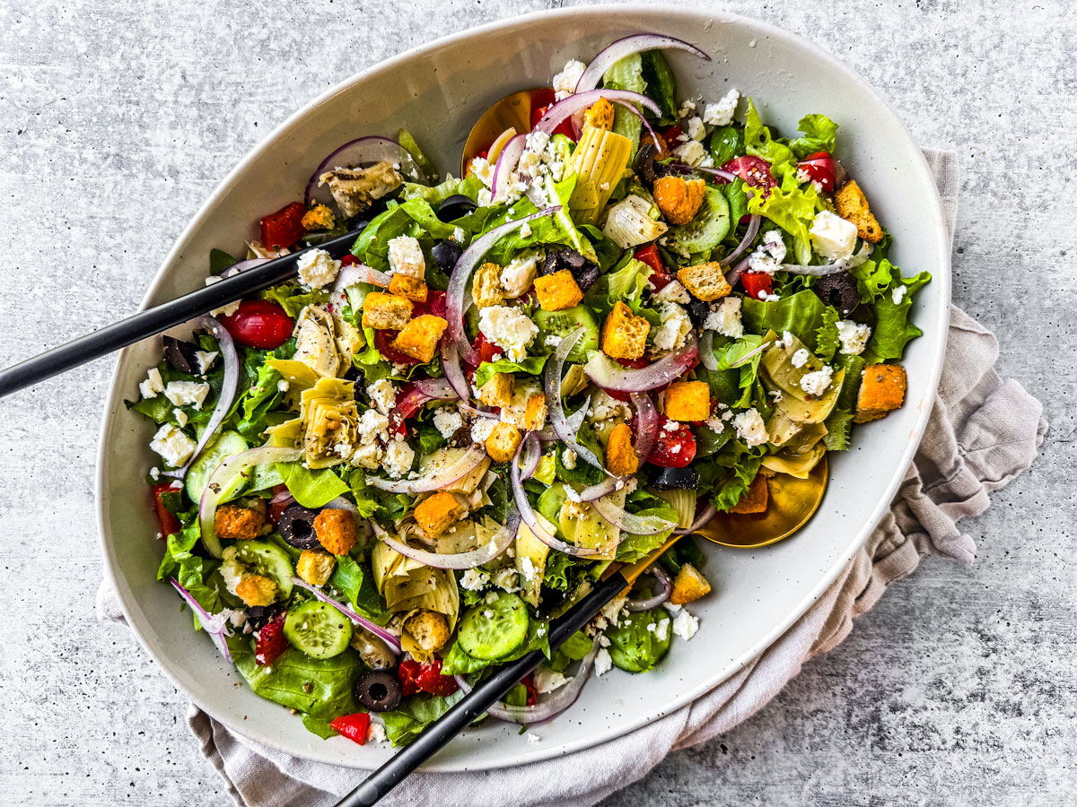 Greek salad in a serving bowl.