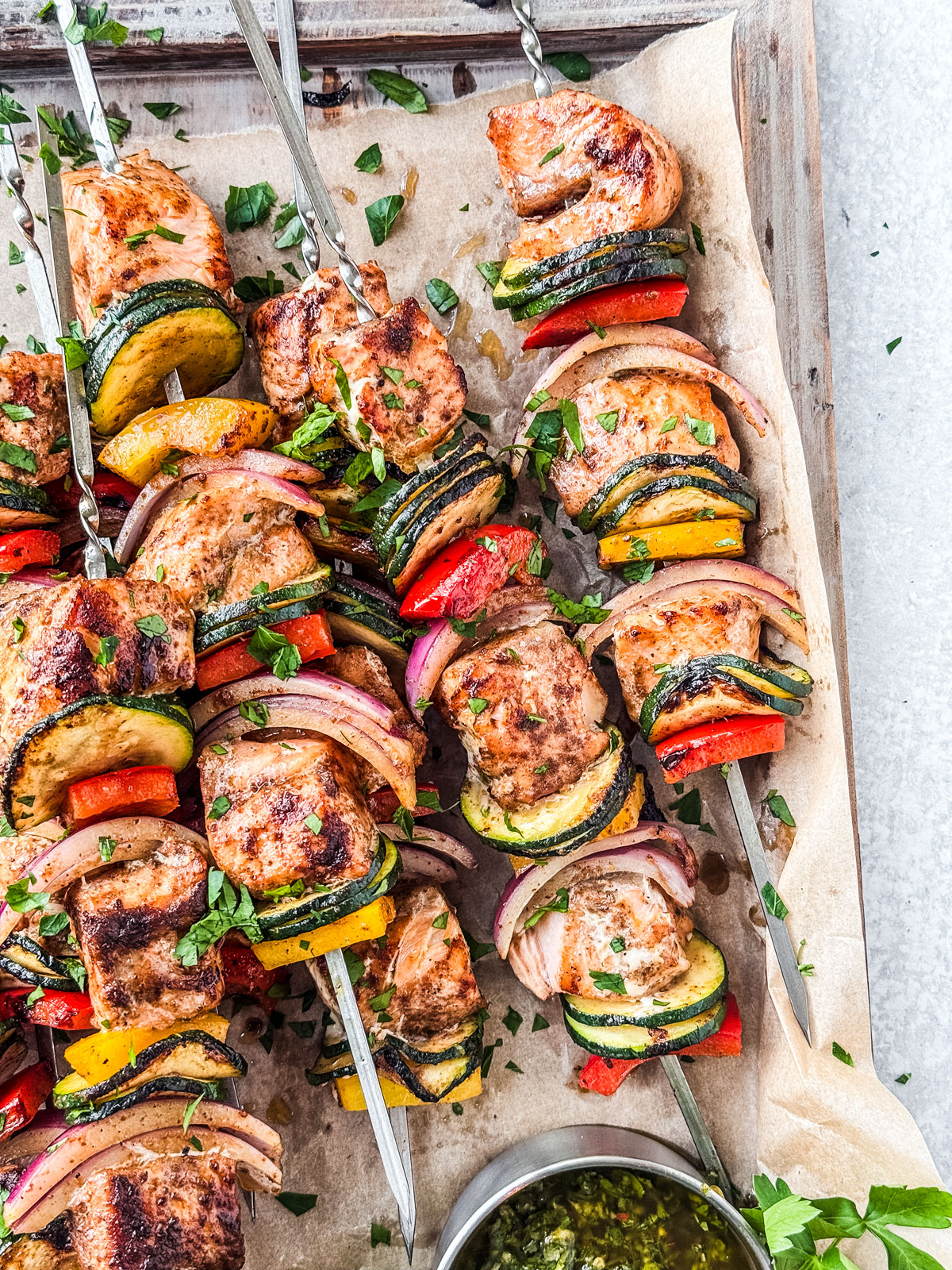 Grilled salmon kebabs.