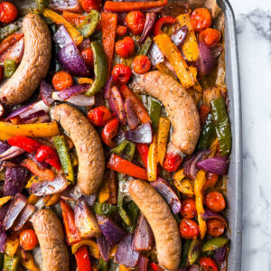 Sheet pan of turkey sausage and peppers