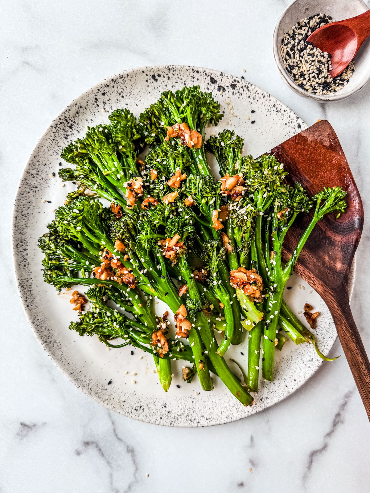 Broccolini on a serving platter, ready to be served.