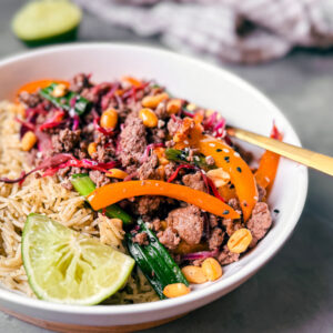 Ground beef bowl close up.