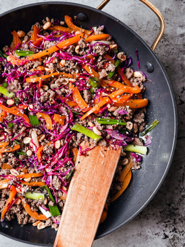 Healthy ground beef stir fry in a pan.