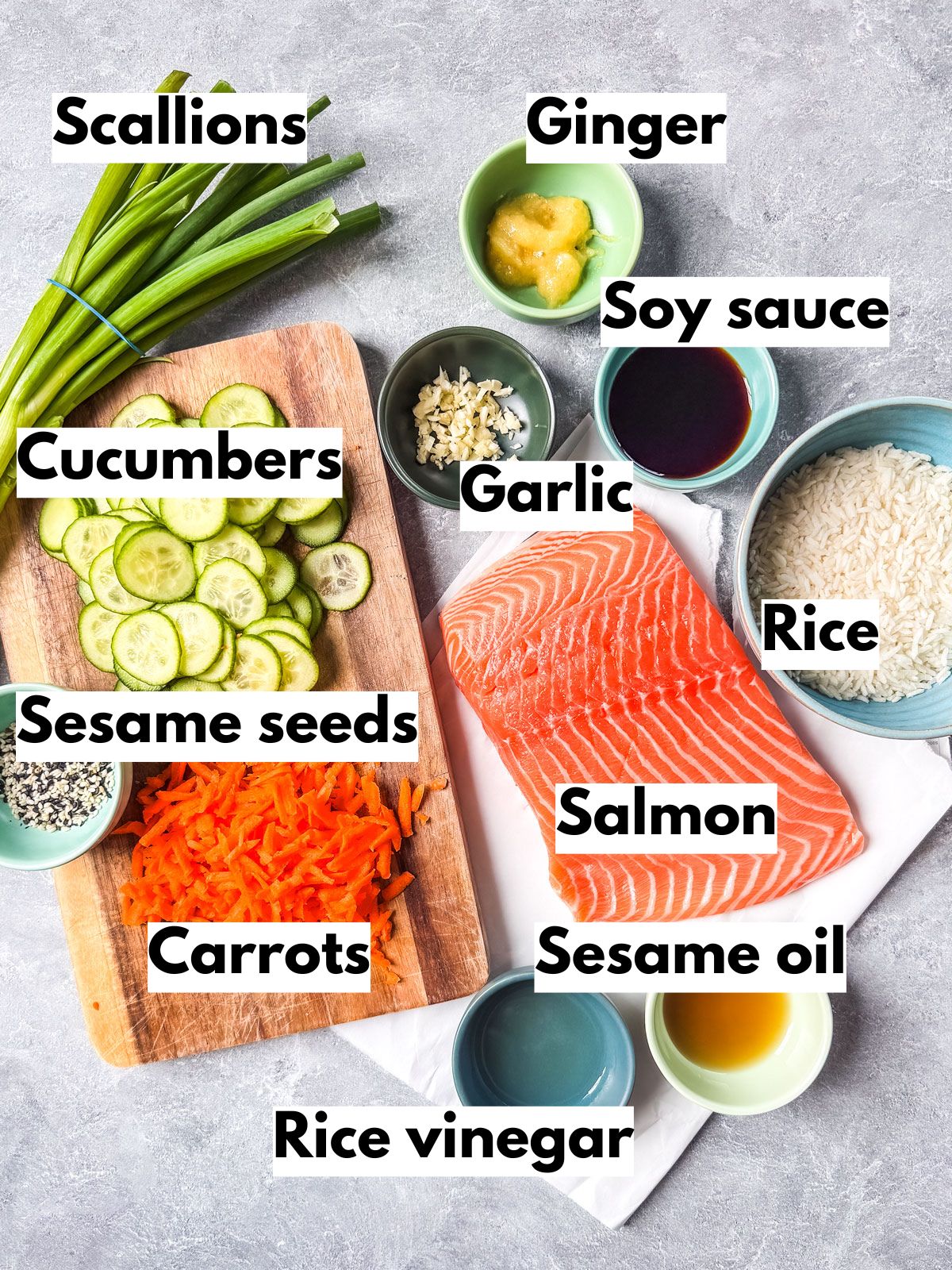 Ingredients for rice bowls with salmon.