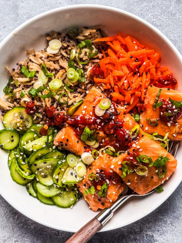 Rice bowl with salmon.